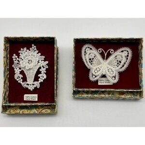 Vintage Pins of Exquisite Lace by Abbey Lace England Set of 2 Butterfly & Flower